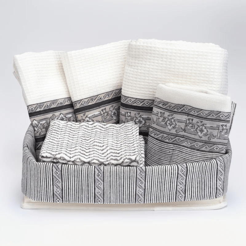 INKA Bathroom Towel Set Tula Charcoal Grey Print Spicebox Organics